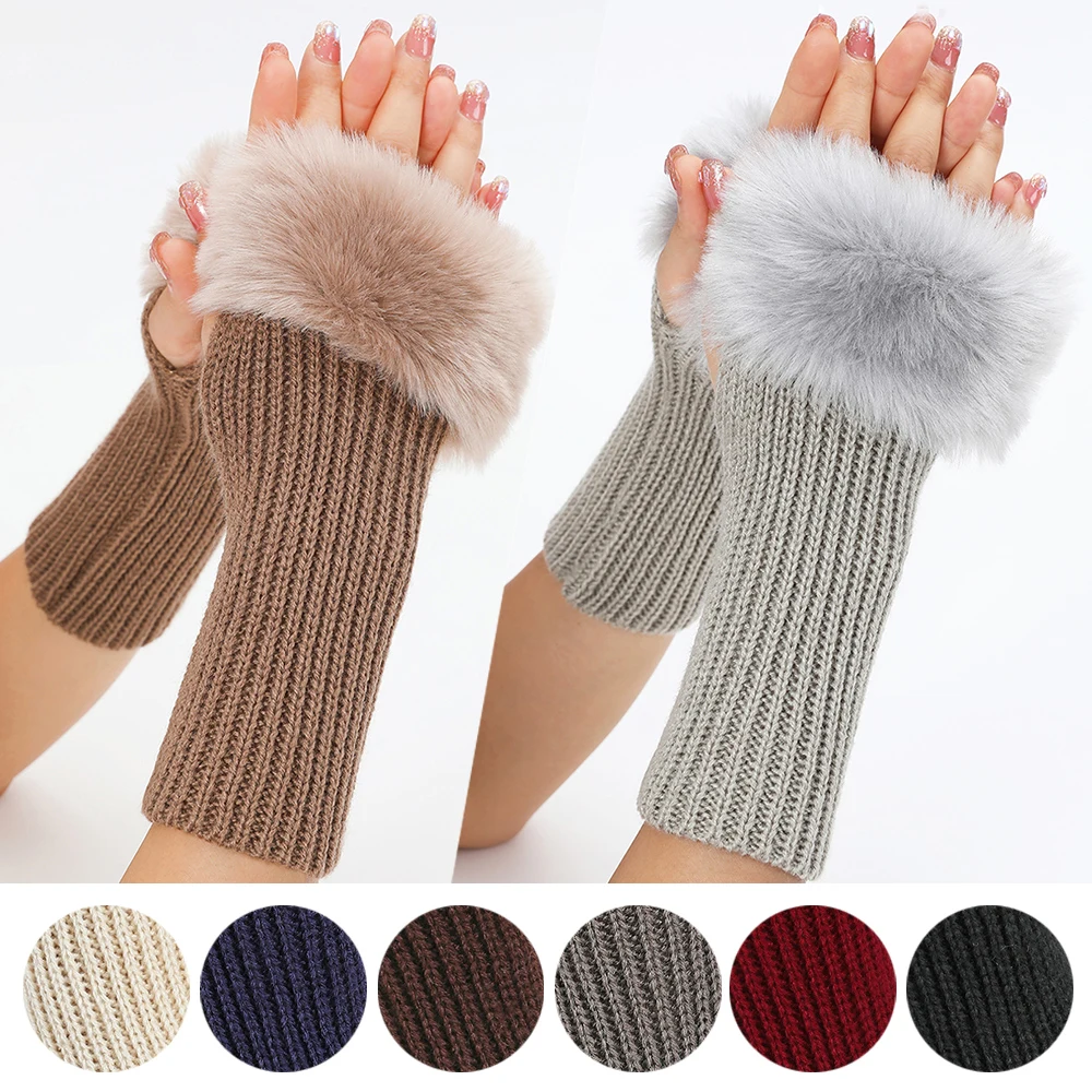 

Winter Knitted Fingerless Gloves for Women soft Plush Arm Warmer Wool Mittens Writing Half finger Gloves Handschoenen Guantes