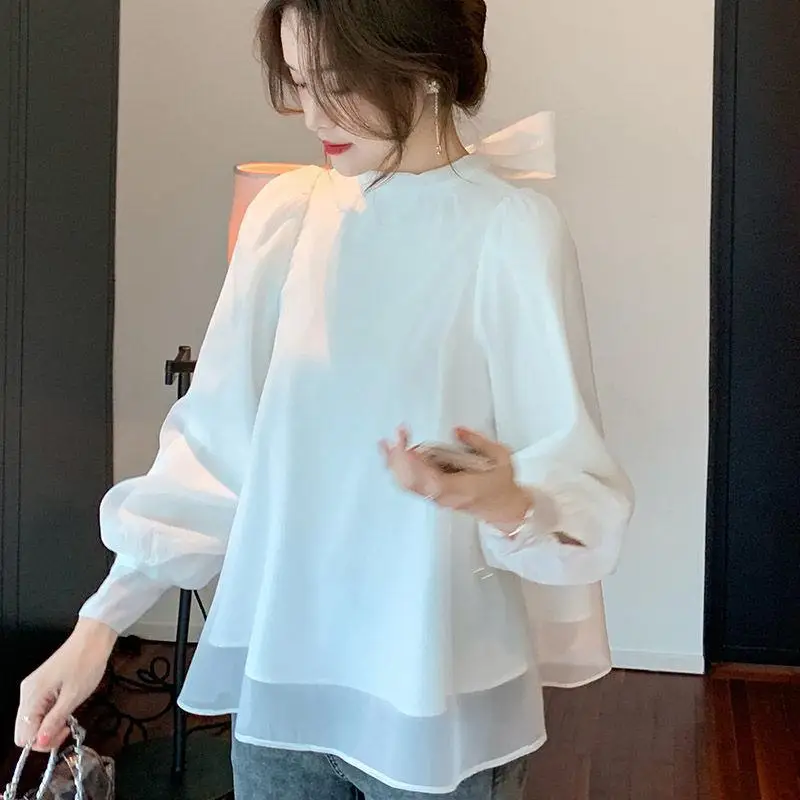 Women French Bow Chiffon Shirt 2025 Spring Autumn Puff Sleeve Stand Collar Chiffon Blouses Femme All-match Blouse Elegant Shirt