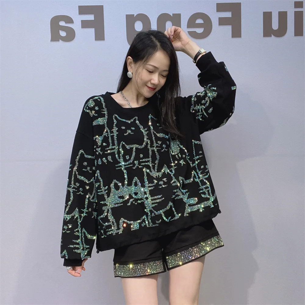 Trendy Brand Long Sleeve Top Women Rhinestone Short Sweatshirt Round Neck Autumn New Fashion Versatile Loose Sports Shirt
