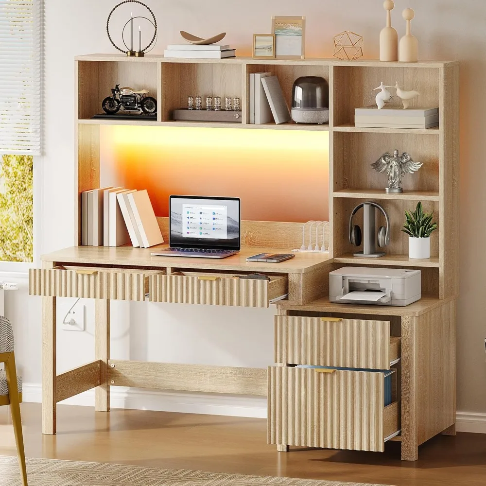 

Computer Desk with Hutch and Drawers, 55 Office Desk with Storage Shelves and Printer Stand, Gaming Desk with Power Out