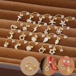 2PCS Stainless Steel Cz Crystal Dangle Earring Helix Tragus Cartilage Pendant C-shape Earring Rook Lobe Ear Piercing Jewelry