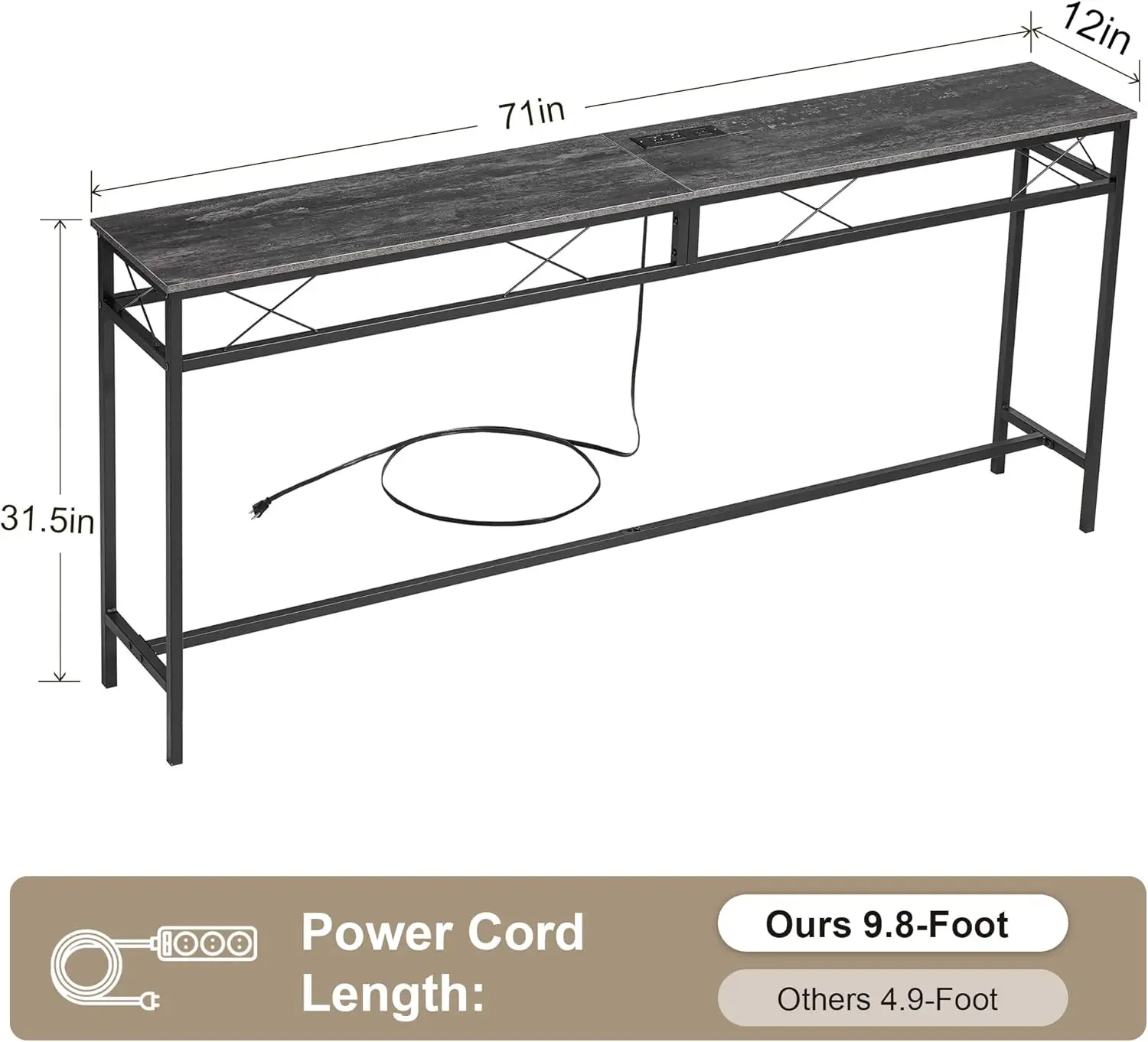 71In Extra Long Narrow Sofa/Console Table with Charging Station & Power Outlet and USB Ports, for Entryway, Living Room