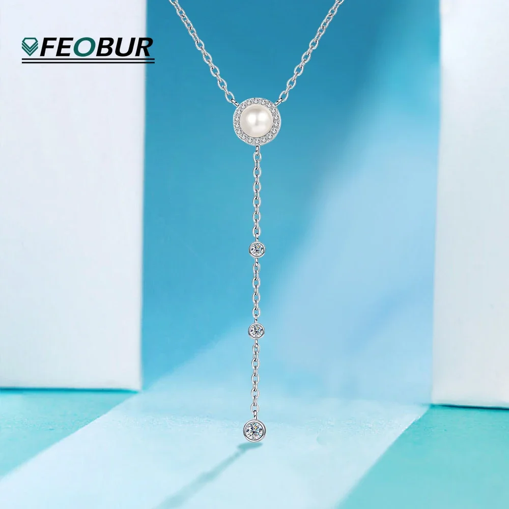 Full Moissanite Pendant Necklace for Women 925 Sterling Silver 8mm Natural Freshwater Pearl Long Tassel Chain Y Shaped Necklaces