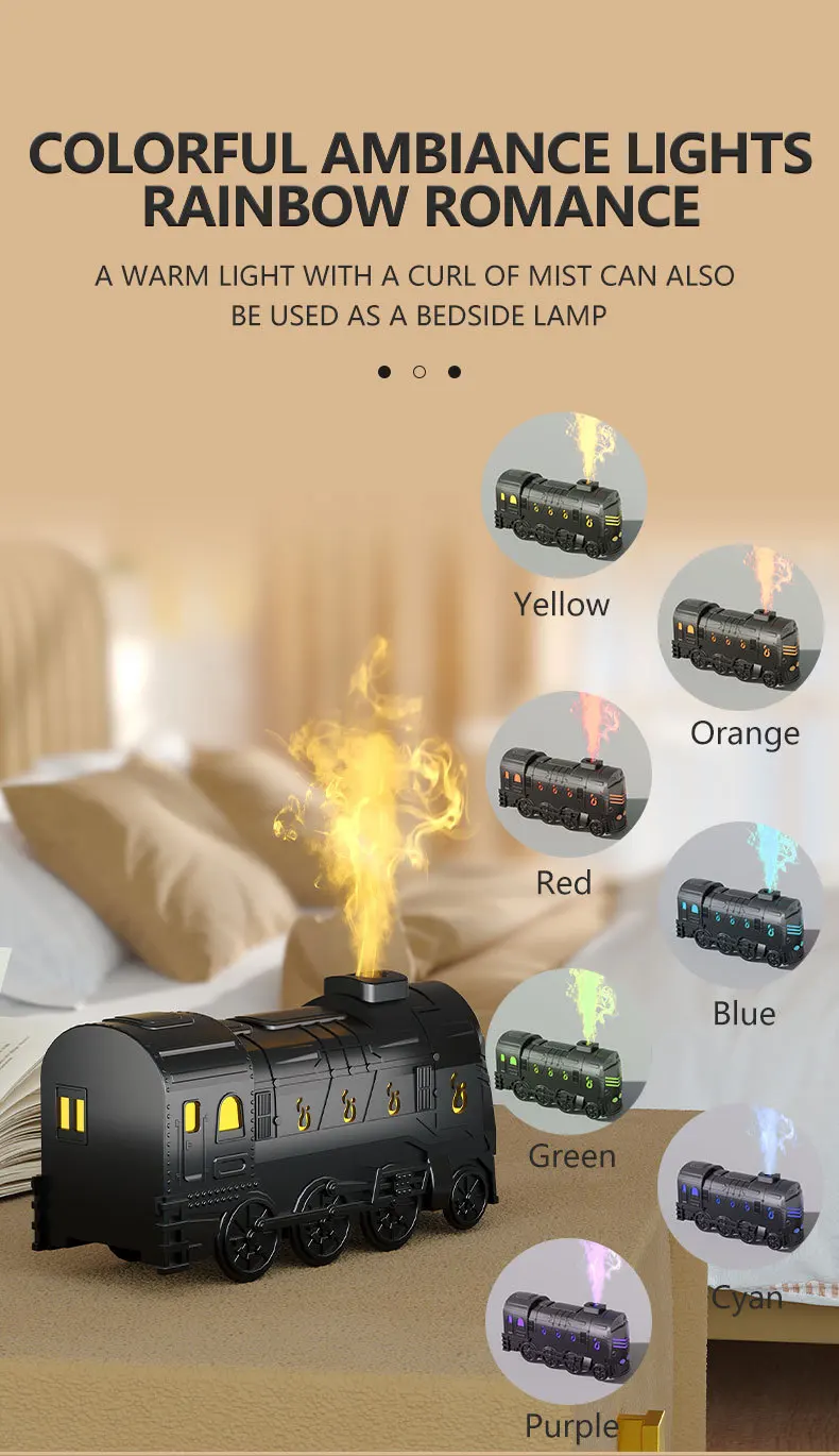Novelty Steam Train Humidifier 300ml Remote Essential Oil Aroma Diffuser with Color Light, Ultra Quiet, Auto-Off, Creative Decor