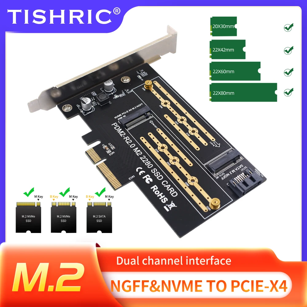 TISHRIC M.2 NVMe/SATA SSD to PCIe x4 Adapter  B-Key/M-Key Support 2230-2280 High Speed Expansion Card  Dual Protocol Compatible