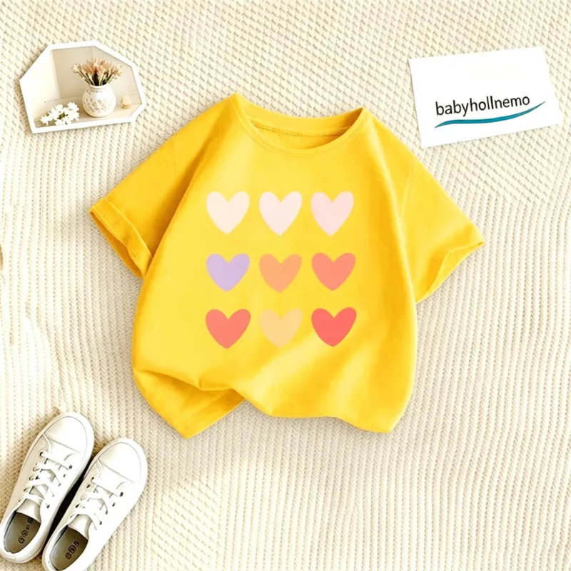 Summer Kids Basic Cotton Short Sleeve Tee Colorful Heart Graphic Casual Daily Top For Boys Girls