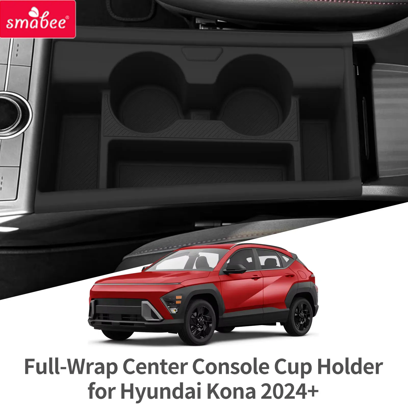 Smabee for Hyundai Kona 2025 Full‑Wrap Center Console Cup Holder Insert Silicone Cup Slot Organizer Pad Car Accessories Black