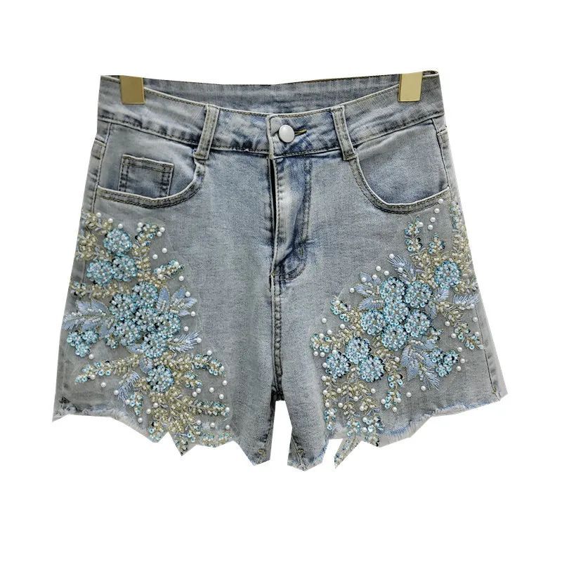 Heavy Industry Beads Diamond-Embedded Denim Shorts for Women 2024 Summer New Fashion High Waist A- Line Stretch Hot Pants