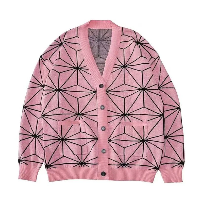 Kostium Cosplay Kamado Nezuko Unisex Sweter Dzianinowy Ciepły Kardigan Sweter z Dekoltem w Serek Kurtka Kostium na Halloween Nowy Rok Sweter Y2k