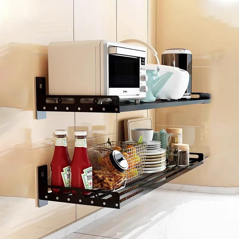 

Wall Mounted Microwave Oven Bracket Spice Sponge Kitchen Storage Rack Modern Black Metal Kitchen Accessories