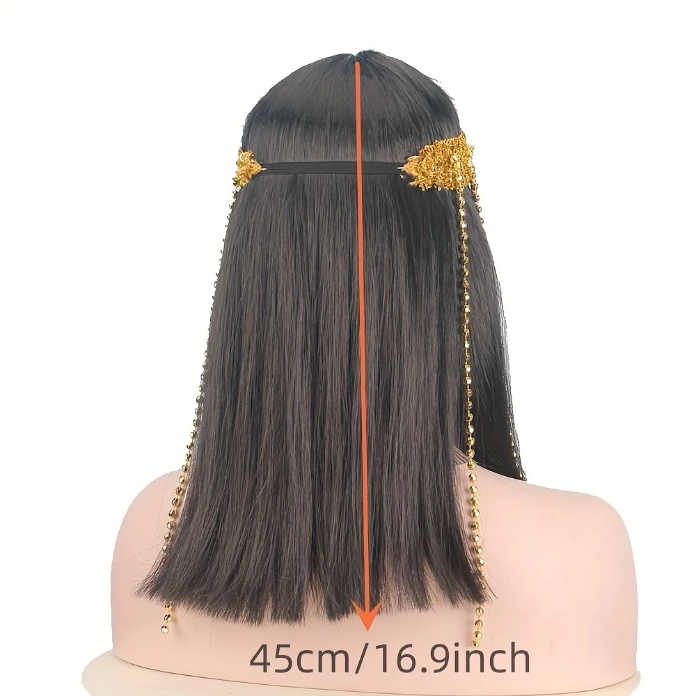 Schwarze Gerade Fransenperücke mit Langen Haaren aus Chemiefaser Synthetische Perücke Goldener Schlangenkopf-Kopfschmuck Halloween Kleopatra Cosplay Perücke – Detail 7
