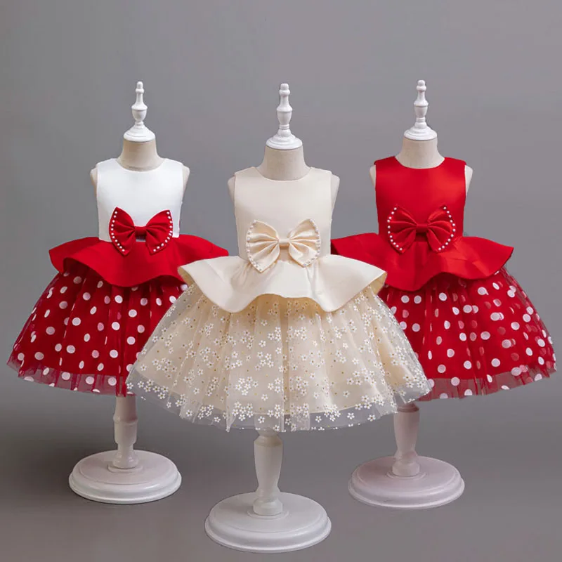Girls Polka Dot Printed Dress Christmas Children Gown Princess Elegant Clothes Kids Children Piano Performance Party Vestidos