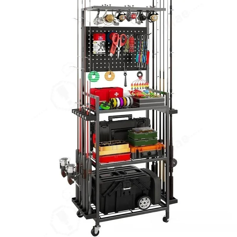 Wheeled Mobile Fishing Gear Storage Rack Flexible Rod Holder with Hole Plate Layer Design Large Capacity Organizer for Tackle