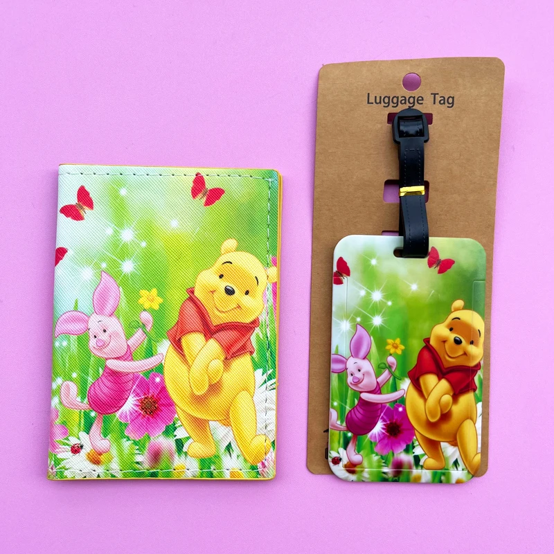 1Set Winnie Pooh Bear Passport Cover and Luggage Tags Travel Passport Holder Baggage Tag Business ID Card Holder Luggage Label