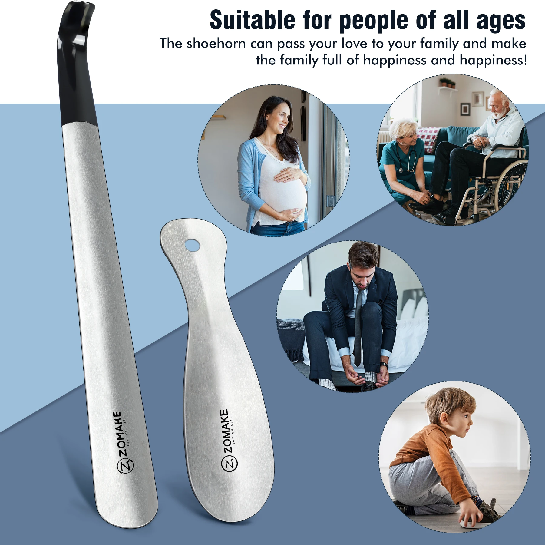

16.5" Metal Shoe Horn Long Handled Shoe Horn for seniors with 7.5" stainless Travel lazyShoe Spoon shoe accessories for kids