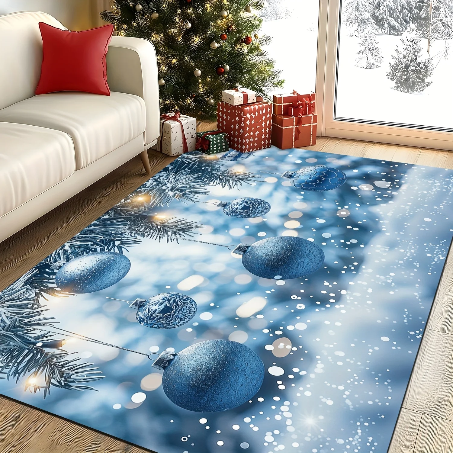 VIKAMA Christmas Doormat Blue Xmas Bauble Snowy Pine Branch Snowflake Print Non‑Slip Indoor Entrance Holiday Floor Decor Mat