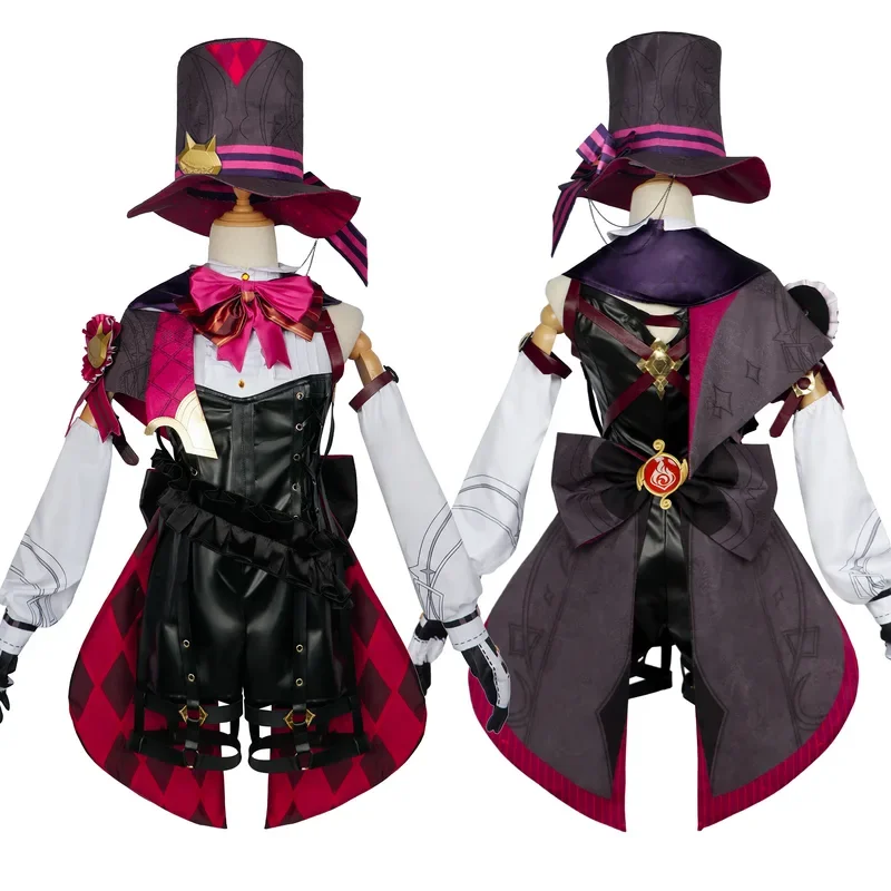 Lyney cosplay Genshin impact costume wig hat set Fontaine magician leather uniform dress short hair skirt glove outfit