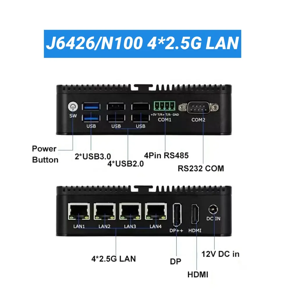 워크스테이션 팬리스 미니 PC 셀러론 J4125 J6426 N100 리눅스 산업용 임베디드 컴퓨터 4x2.5G 랜스 파이어월 소프트 라우터 VPN SIM