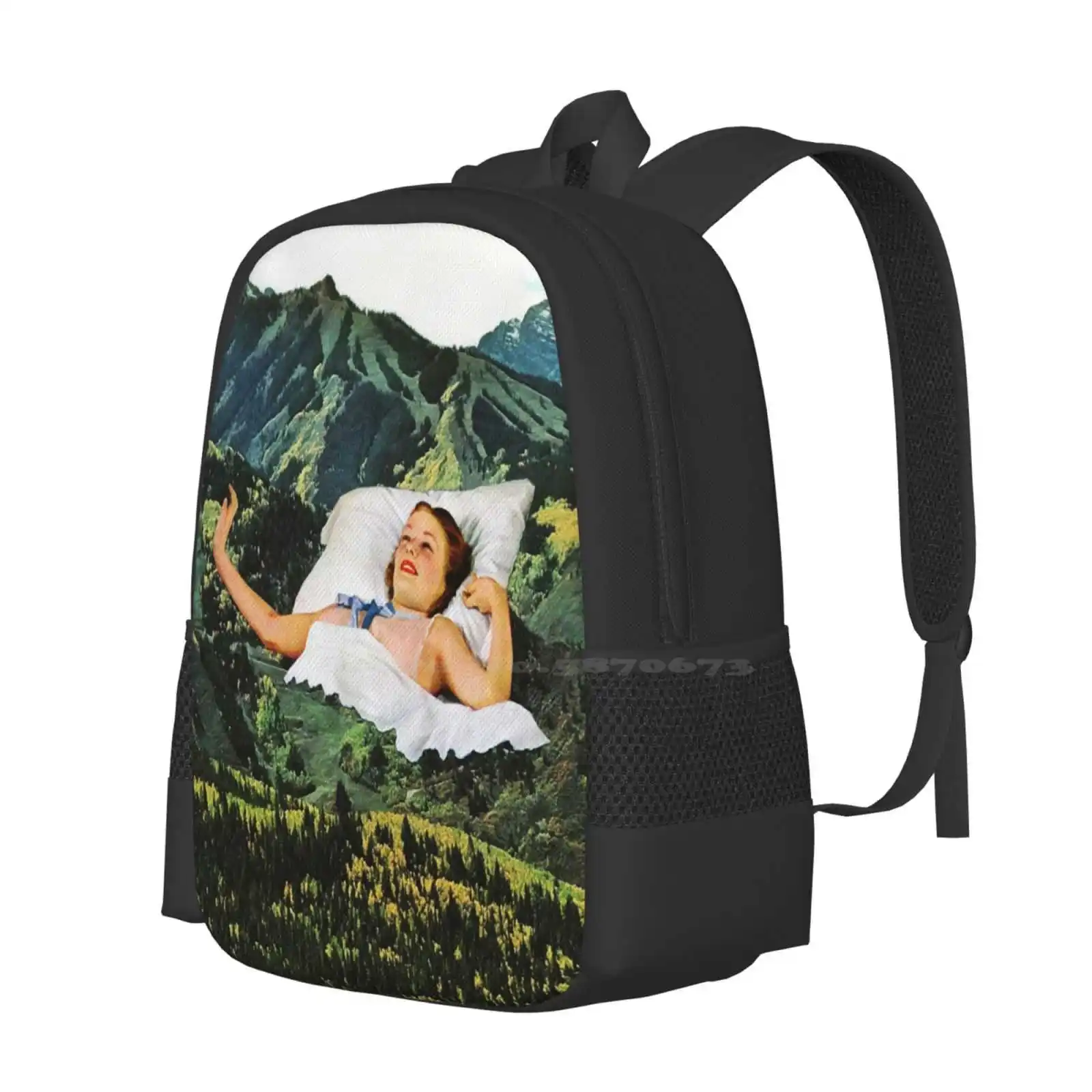 Rising Mountain New Arrivals Unisex Bags Student Bag Backpack Collage Art Eugenia Loli Green Sleeping Waking Up Bed Vintage