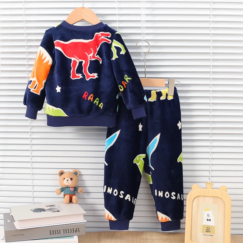 Baby Boys Autumn/Winter Plush Night Fluorescent Home Fur Baby Warm Pajama Set Fashionable and Comfortable Child Accessories