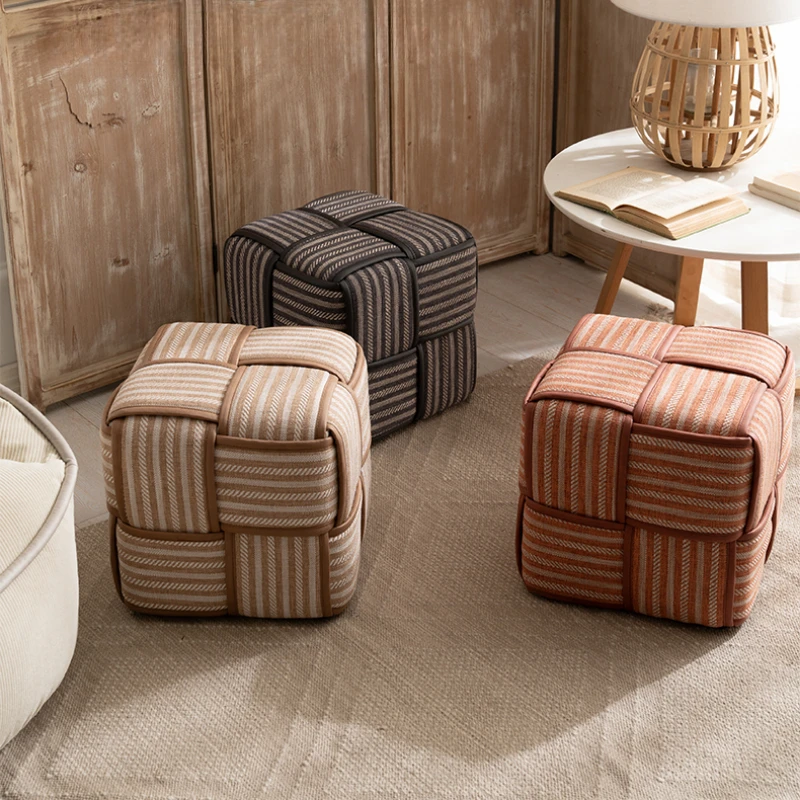 

Solid Wood Creative Ottoman Japanese Woven Shoe Changing Stool Breathable Fabric Cube Pouf Structured Sofa Footrest
