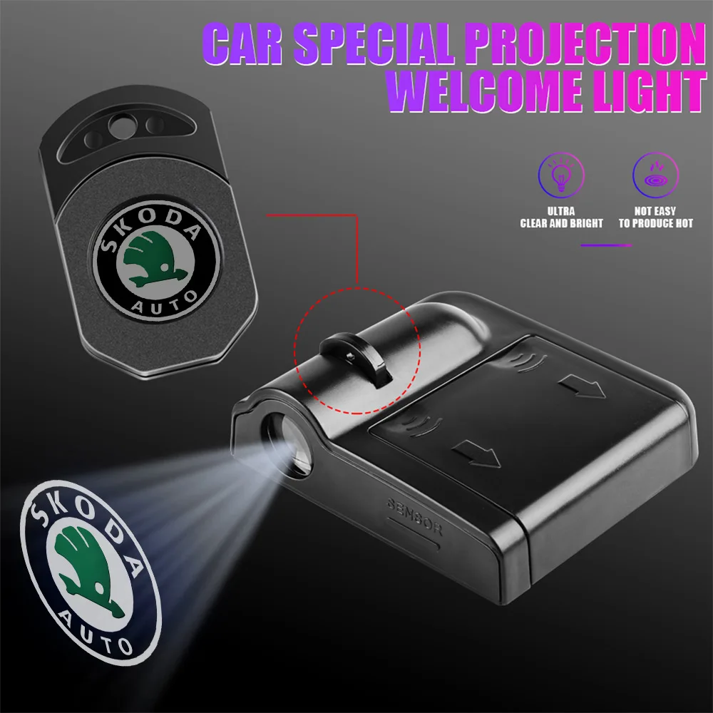 

2 шт. автомобильных светодиодных проекторов логотипа с лазерной подсветкой для дверей, аксессуары для Skoda Kodiaq, Octavia, Enyaq, Kamiq, Scala, Rapid, Superb, Vision