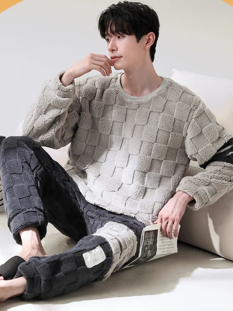 

Large Size Coral Fleece Pajamas Set Men's Winter Warm Thickened Padded Homewear Suit Male Flannel Pullover Trousers Sleepwear