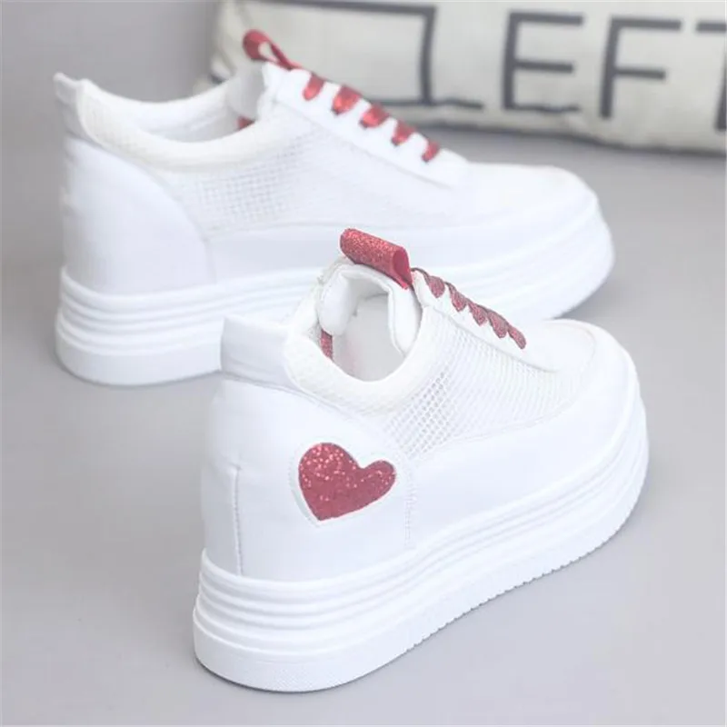 New Summer Breathable Sneakers Women Platform Mesh Shoes Wedges Heels Casual Shoes Woman 8 CM  White shoes