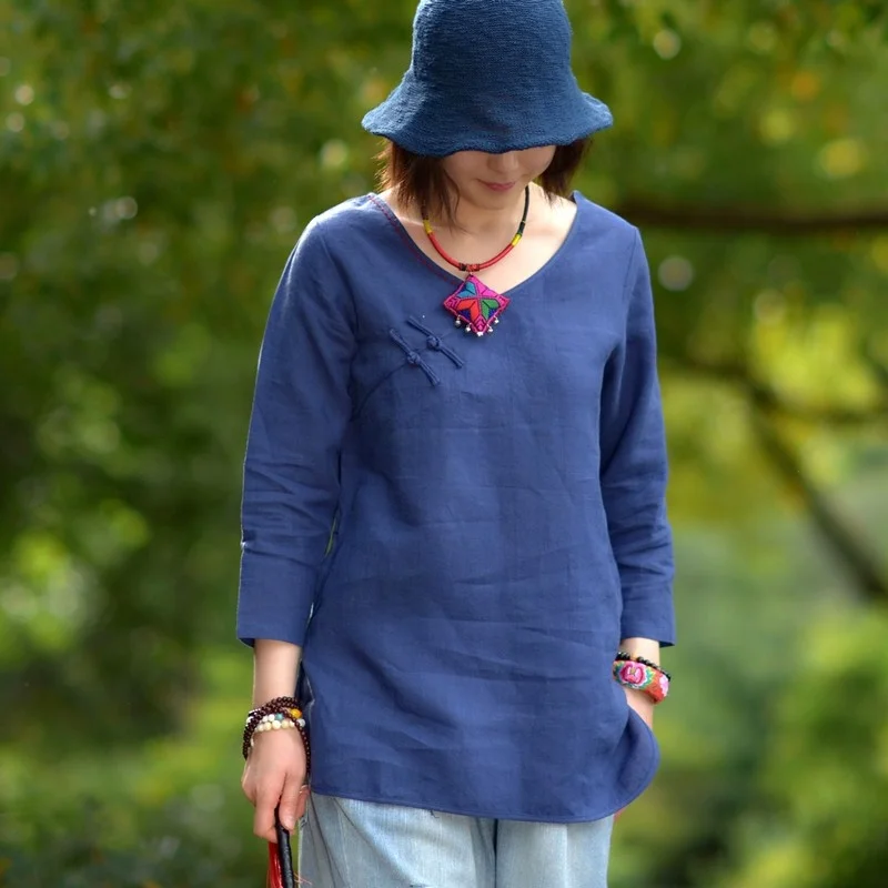 

Retro Artistic Women's irt Spring Summer New Zen Tea Clothing Ethnic Sle Silk Chinese Sle Button V-ne Top