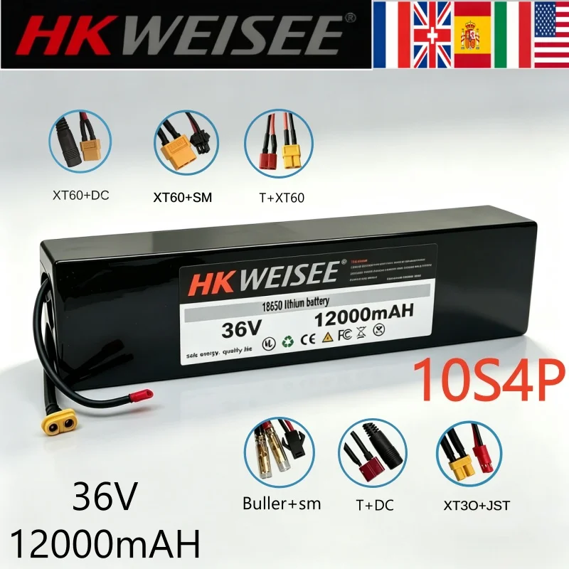 36V 12Ah Rechargeable Lithium Battery Pack 18650 10S4P  Power Modified 36V Electric Scooter Battery with BMS, SYP XT60 JST