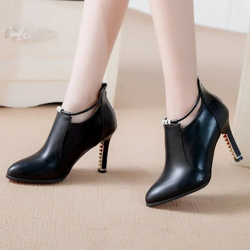 Stiletto Thin Heel Pointed Toe Faux Leather Zipper Sexy Boots Ankle Women Boot Red High Heels 9cm Spring Autumn 40 Boot