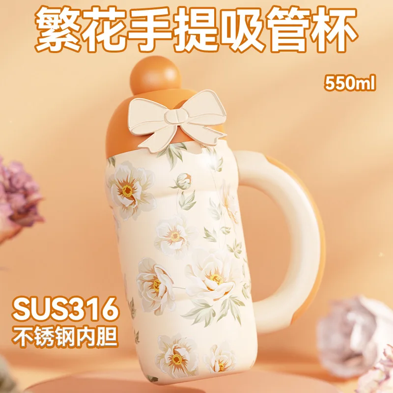 

550ML Cute High-end Thermos Cup Vacuum Flasks High-value Straw Cup Girls Holiday Gifts Light Luxury High-end Water Bottles Cups
