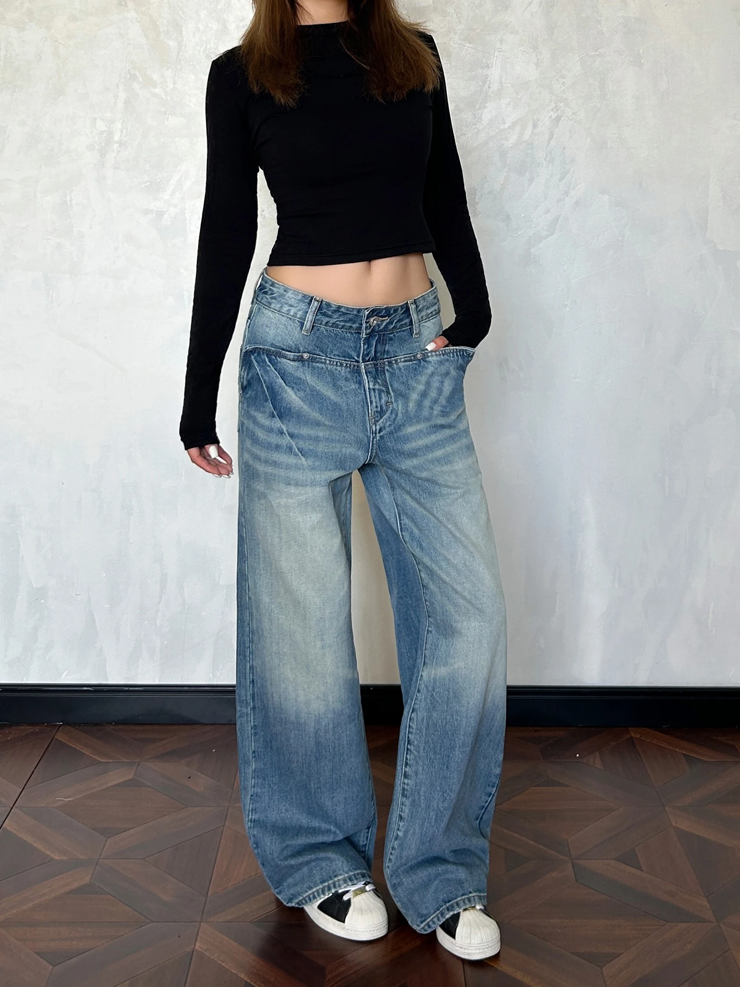

Retro American Waed Wide Leg Jeans ket Design l Waist Denim Pants Ladies Spring Autumn Winter Seasonal Wear