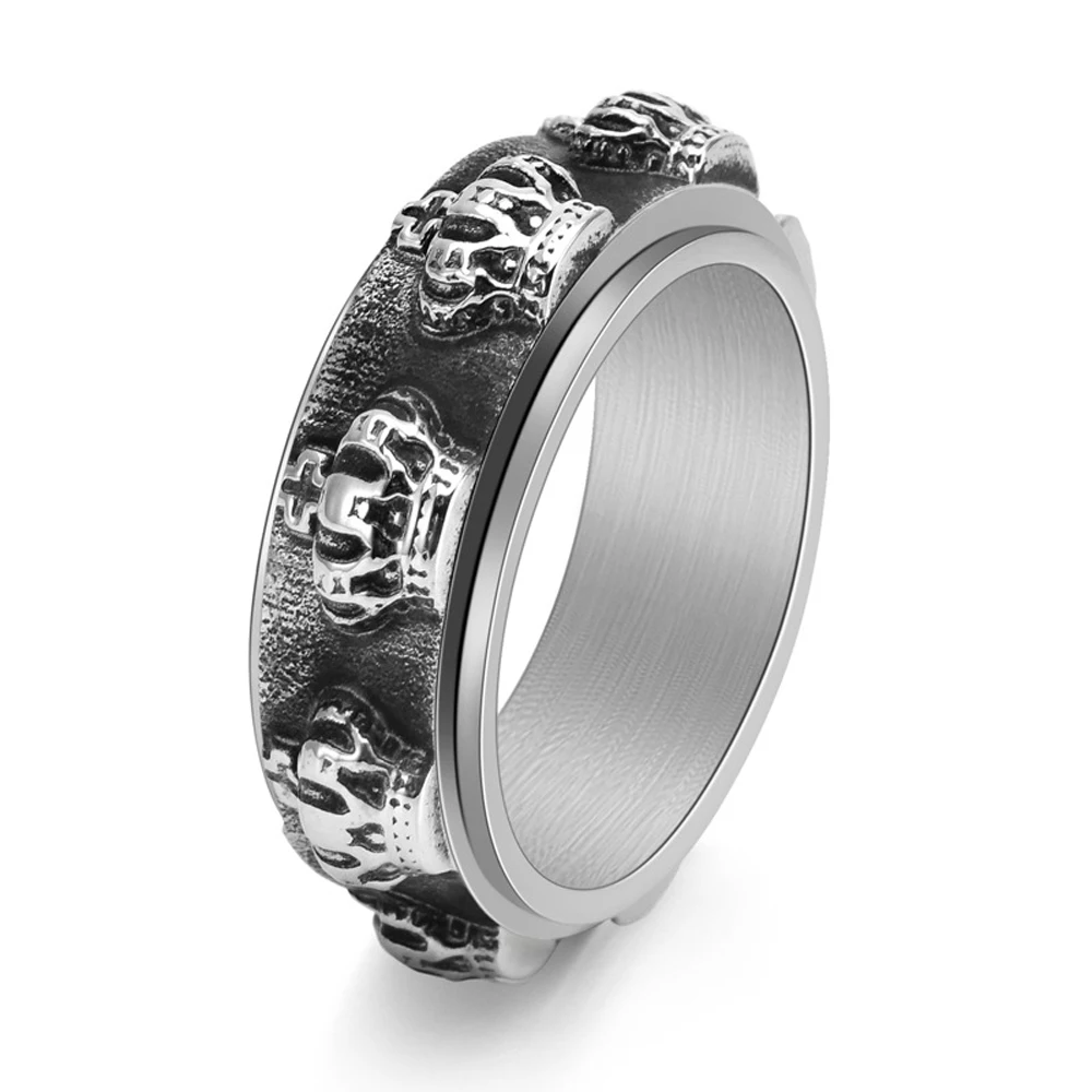 Herrenring aus Edelstahl im Kronen-Design, drehbar, Vintage-Stil, königlicher Schmuck, antike Gothic-Accessoires für ihn, Unisex-Spinnerband