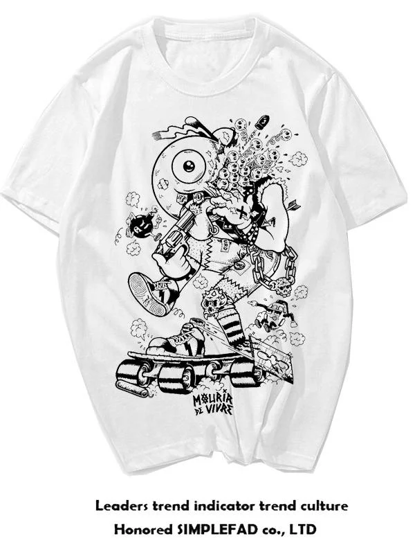 Original Design Hand-Drawn Illustration Short Sleeve Men's T-Shirt Creative Quirky Couple's Wear Casual Cotton Youth Fashion
