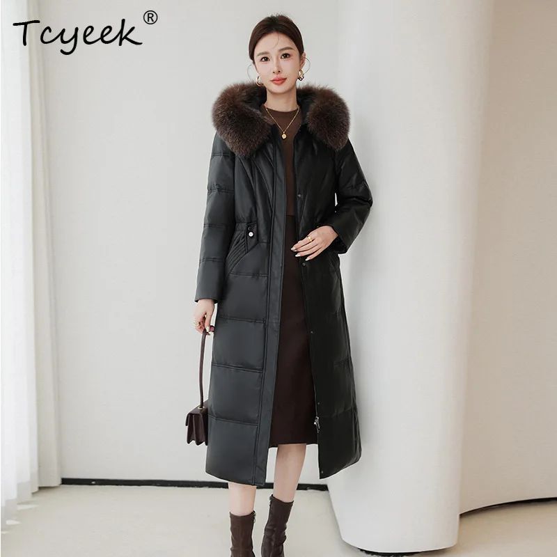 Tcyeek Genuine Sheepskin Down Jackets for Women Fox Fur Collar Hooded Long Puffer Jacket Women Winter Clothes 2026 Abrigos Mujer