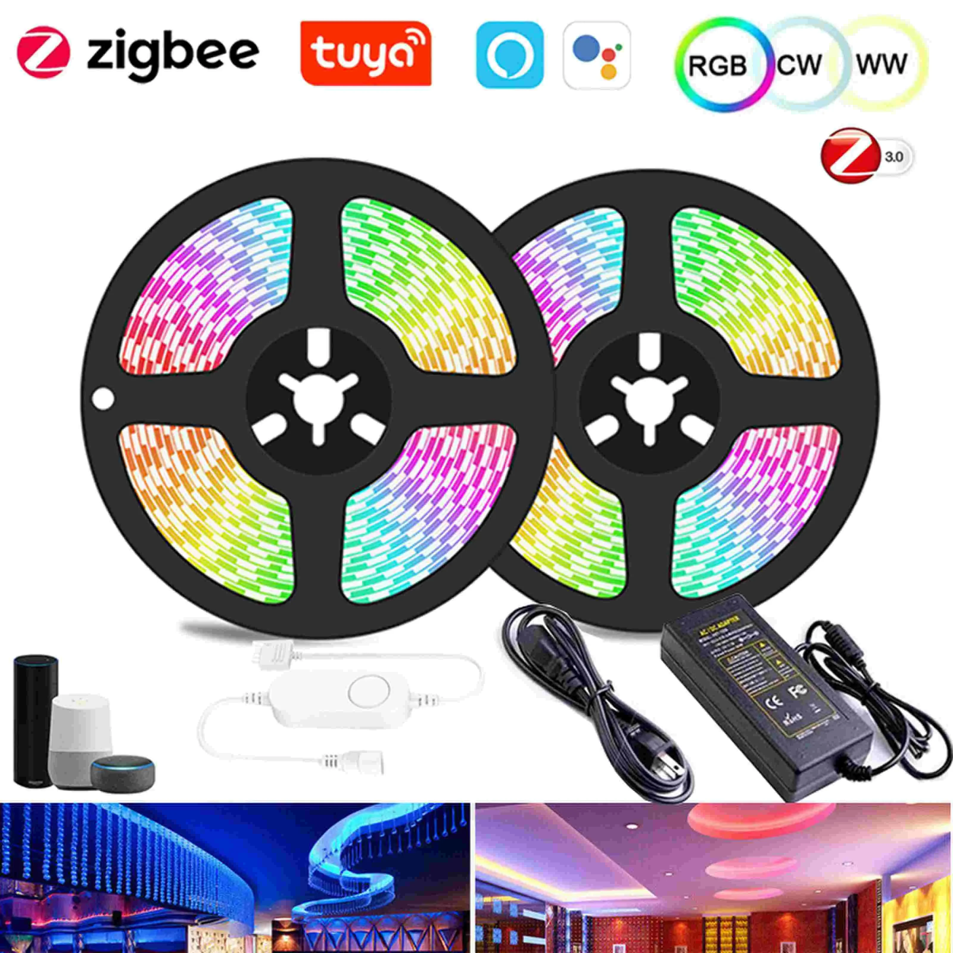 Zigbee 3.0 Controller DC12V 5M 10M 5050 RGBW RGBWW LED Strip Light Waterproof LED Flexible Strip for TUYA ECHO Smartthings