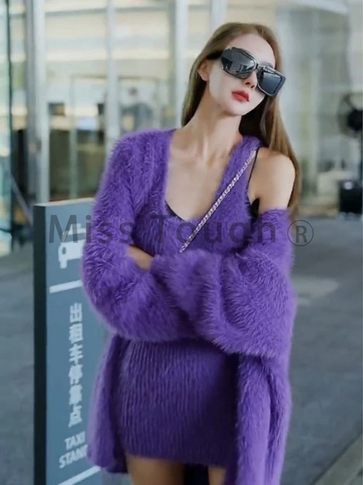 Purple Kawaii New Two Piece Set Women Korean Sweet Sexy Party Fluffy Dress Suit Female Solid Loose Coat + Casual Mini Dress 2024