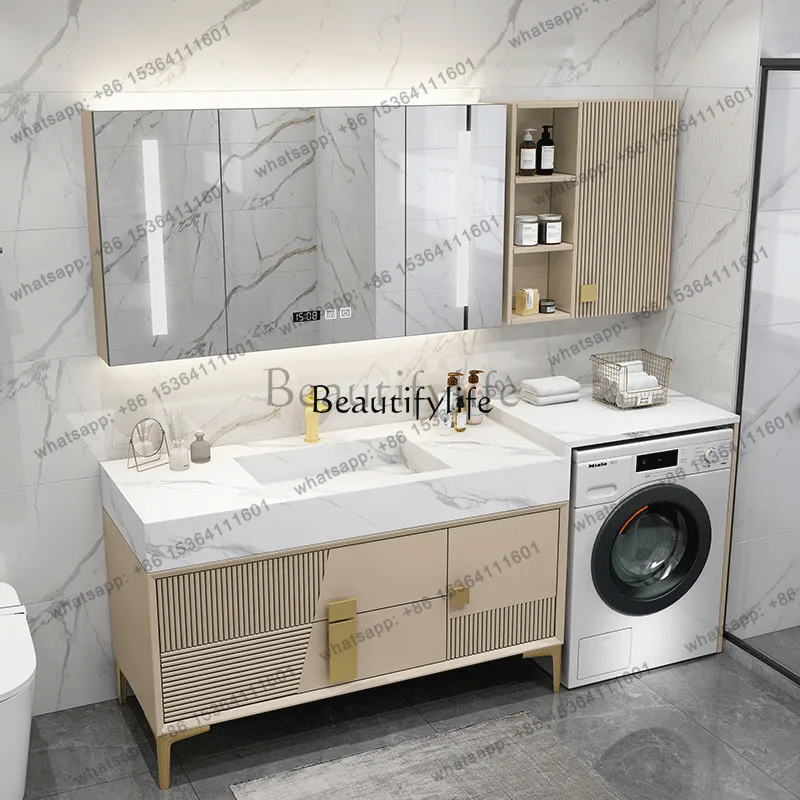 Factory Direct Balcony Slate Seamless Integrated Ceramic Basin Washing Machine Cabinet Combined Bathroom Oak Wash Table