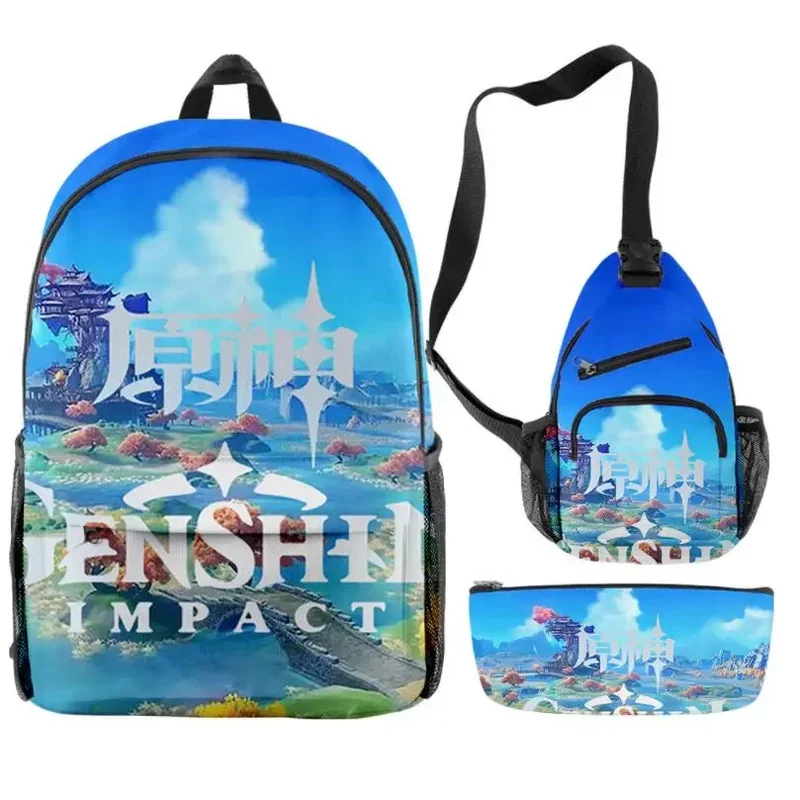 Mochila de impacto Genshin de juego Unisex, mochila escolar de 3 unidades/juego para niños y niñas, mochila de viaje impermeable Oxford con cómic de dibujos animados para bicicleta