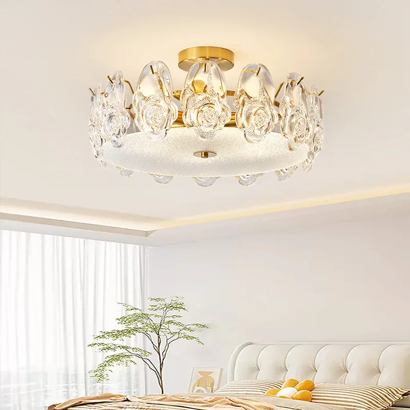 French Ceiling Light Modern Ins Luxury Bedroom Lamp Creative Glass Rose Flower Lighting Fixture