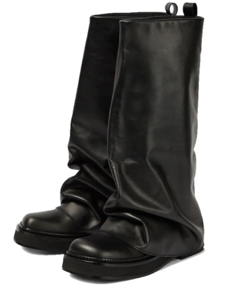 Nieuwe Herfst-En Winterlaarzen Voor Dames Met Geplooide Dikke Hoge Hakken En Modieuze Oversized Straatleren Mid-Leg Laarzen