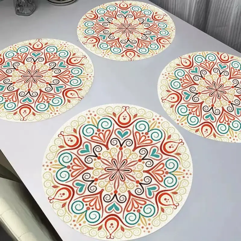 VIKAMA Retro Ethnic Style Mandala Round Linen Table Mat Insulation, Washable, Wear resistant Table Mat Table Decoration
