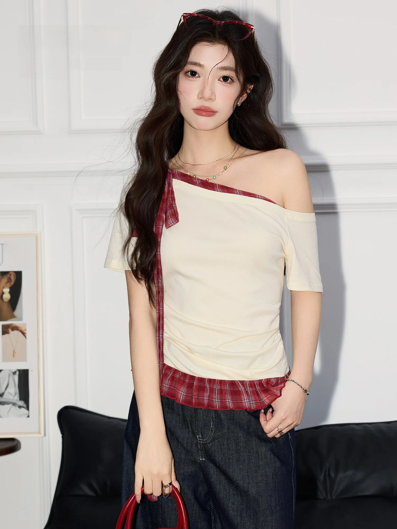 

Женский летний топ Slim Fit с вырезом на плече, в клетку, с дизайнерским кроем, в корейском стиле, для повседневной носки