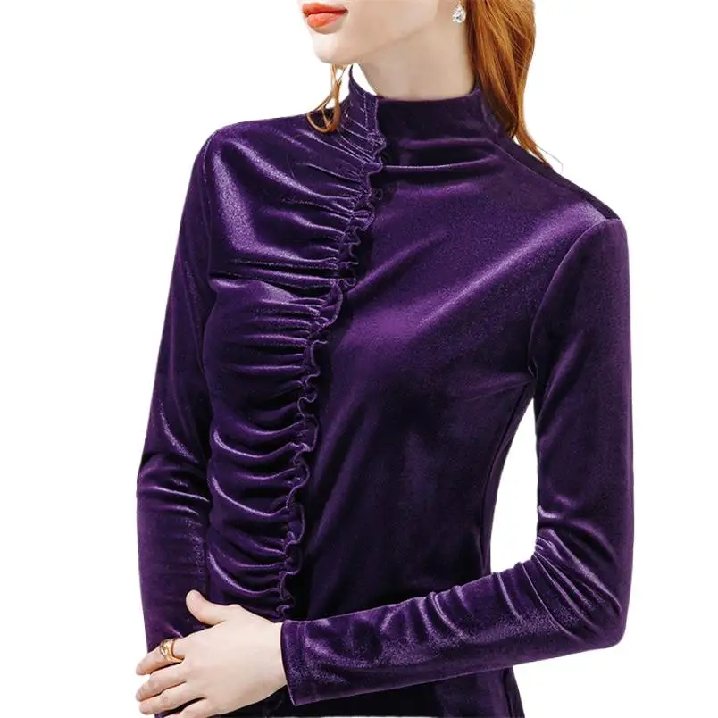 

Basic Turtleneck Slim Velvet Shirts Women Autumn Winter Casual long Sleeve Designed Ruffles Shirts Female Chic Tops 11 Colors