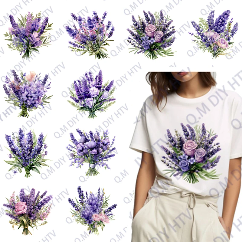 Art oil painting lavender bouquet hot press stickers heat transfer printing T-shirt printing DIY ironing patch stickers washable