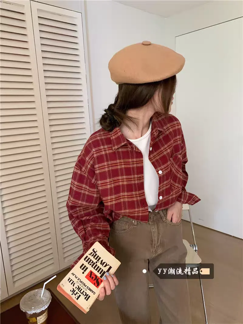 

Plaid Shirt Woman Button Up Long Sleeve Red Autumn New-style Retro Outer Wear Casual Jacket Ladies Fashion Clothes Female Blouse