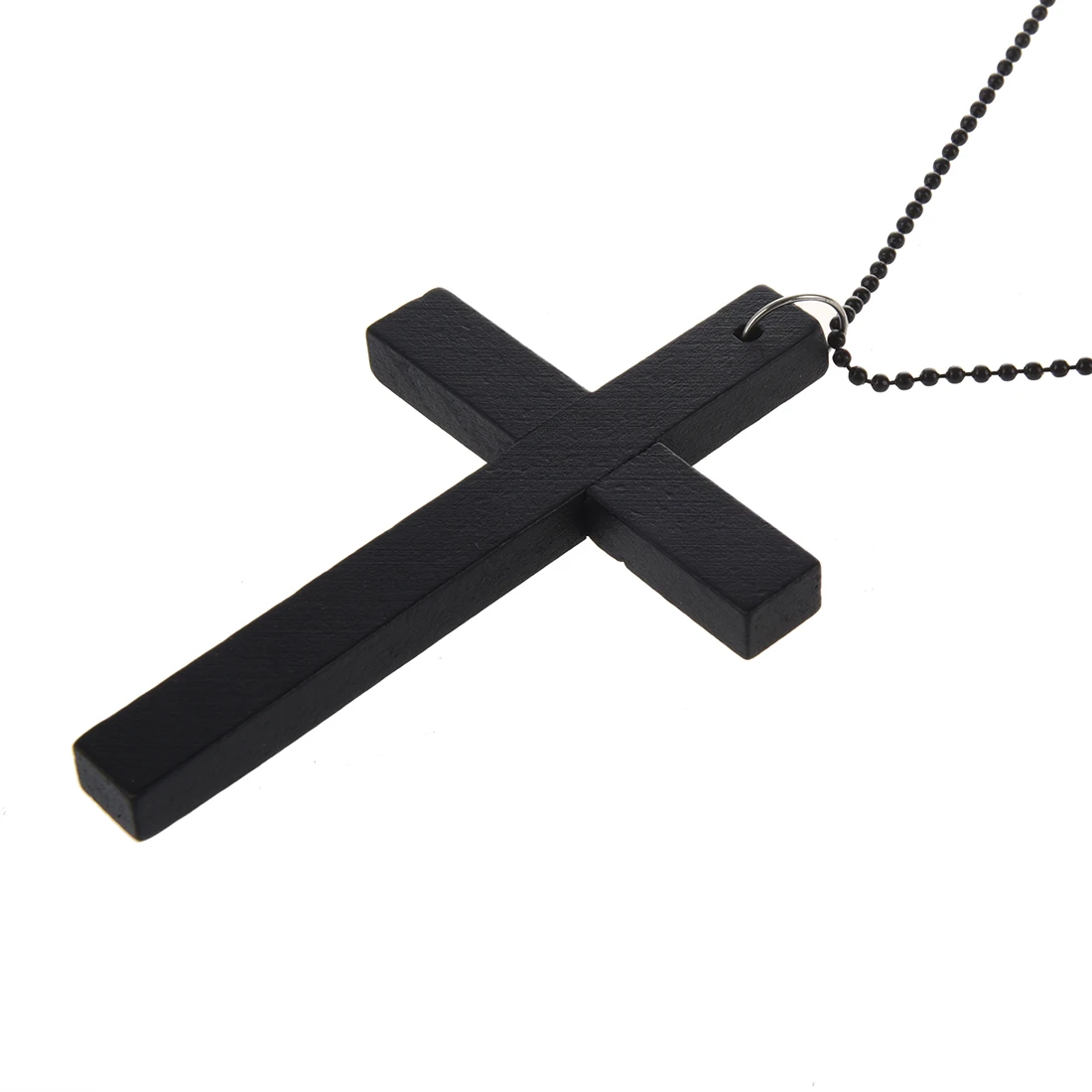 T71C Metal Beaded Chain Wooden Cross Pendant Necklace Black