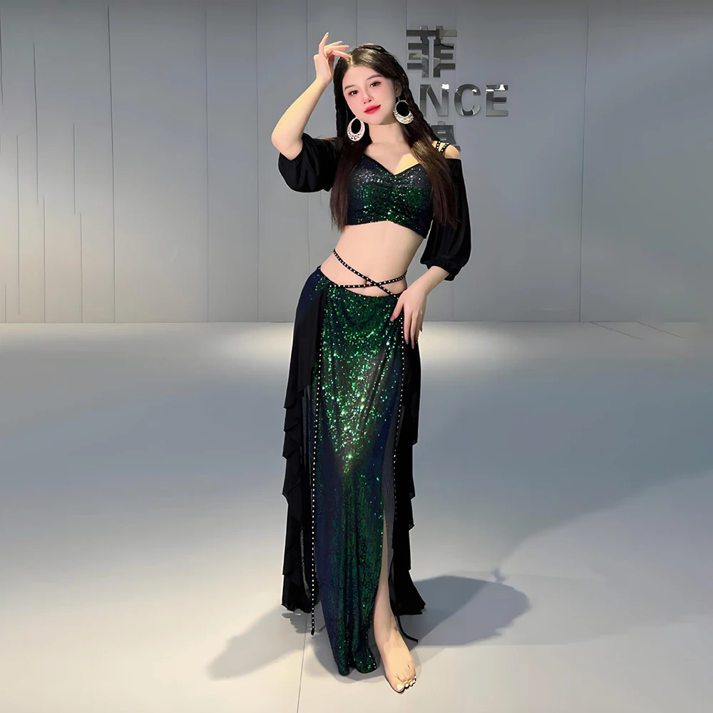 Vrouwen Buikdans Praktijk Kleding Off-shoulder Top Rok Split Kostuum Set 2 Stuks Sexy Buikdans Set Pailletten rok Nieuwe