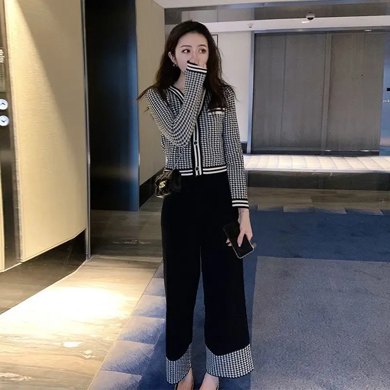 Ladies Trouser Knitted Crochet Lattice Women\'s Pants Two Piece Set Wide Leg Sweater Spring Autumn Casual Elegant Top and Bottom